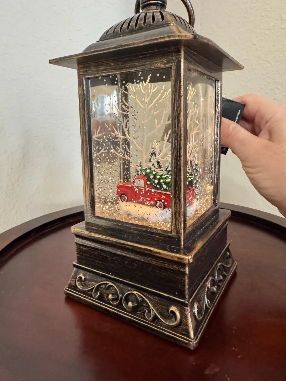 Antique Bronze- tone Christmas Lantern Water Globe with Red Truck Decor 9” H